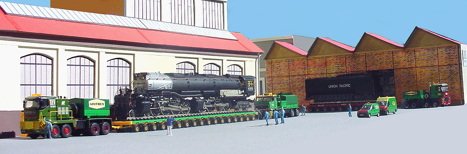 Une locomotive Big-Boy venant des U.S passe du bateau au plateau d'une 1000 pattes.Poids de la loco:351 tonnes, le tender:190 tonnes, capacités du tender: 94 m3 d'eau et 28 tonnes de charbon. Longueur loco + tender: 40,50 mètres